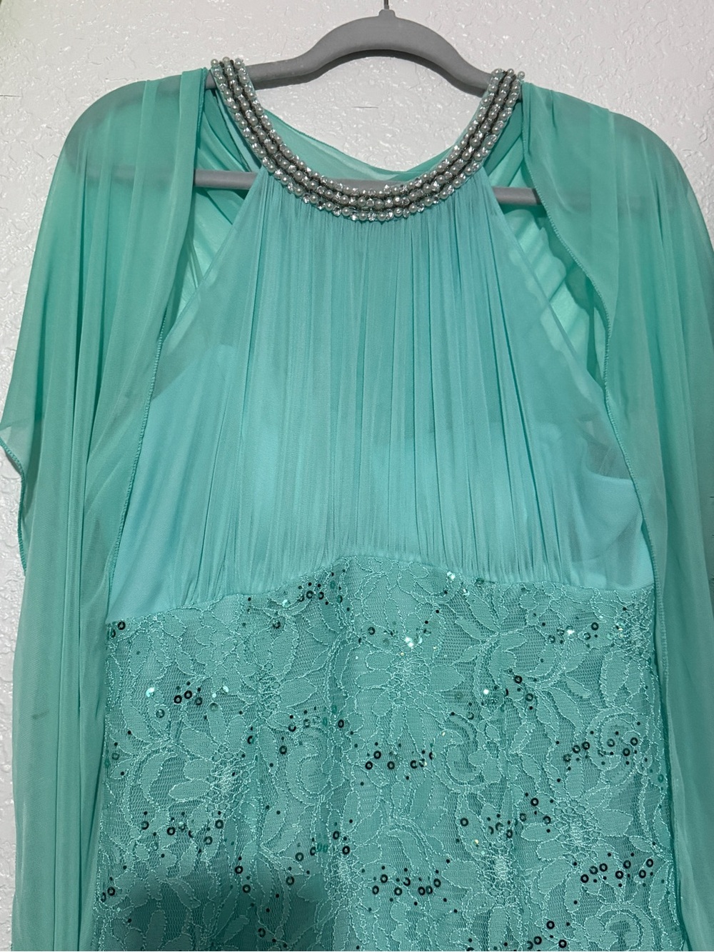 Beaded-Neck Lace & Chiffon Maxi Dress in Aqua